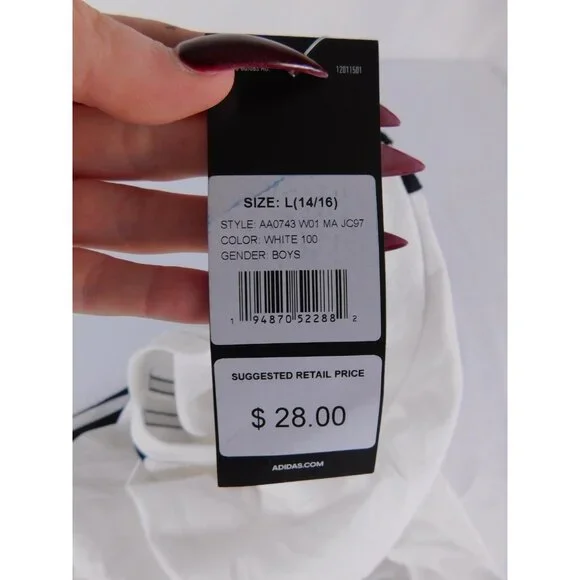 Adidas Shirt Boys L 14/16 White Long Sleeve Stripe Logo Crew Neck Jersey Cotton - Picture 4 of 6